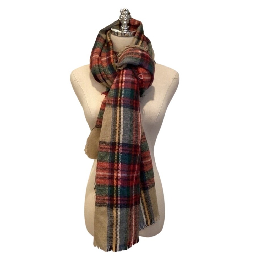 Zara Plaid Blanket Scarf Red Green Tan Fringe Cozy 56 x 56